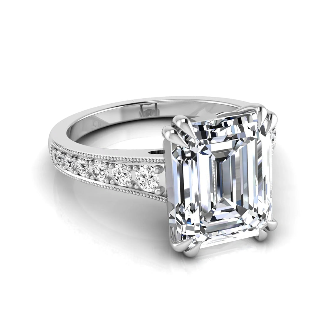 OctaPearl 4 ct Emerald Cut Lab Grown Diamond Milgrain Side Stone Engagement Ring