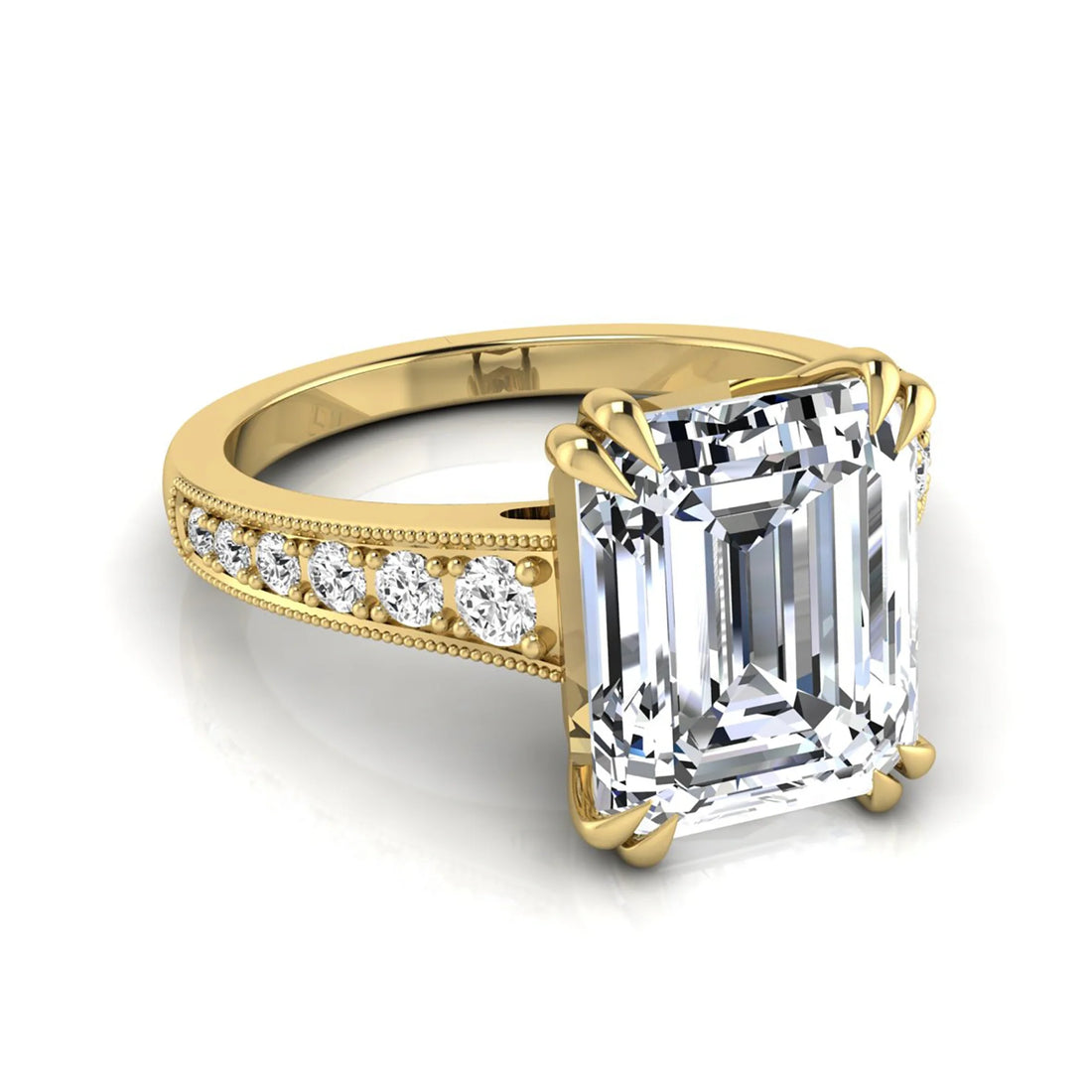 OctaPearl 4 ct Emerald Cut Lab Grown Diamond Milgrain Side Stone Engagement Ring