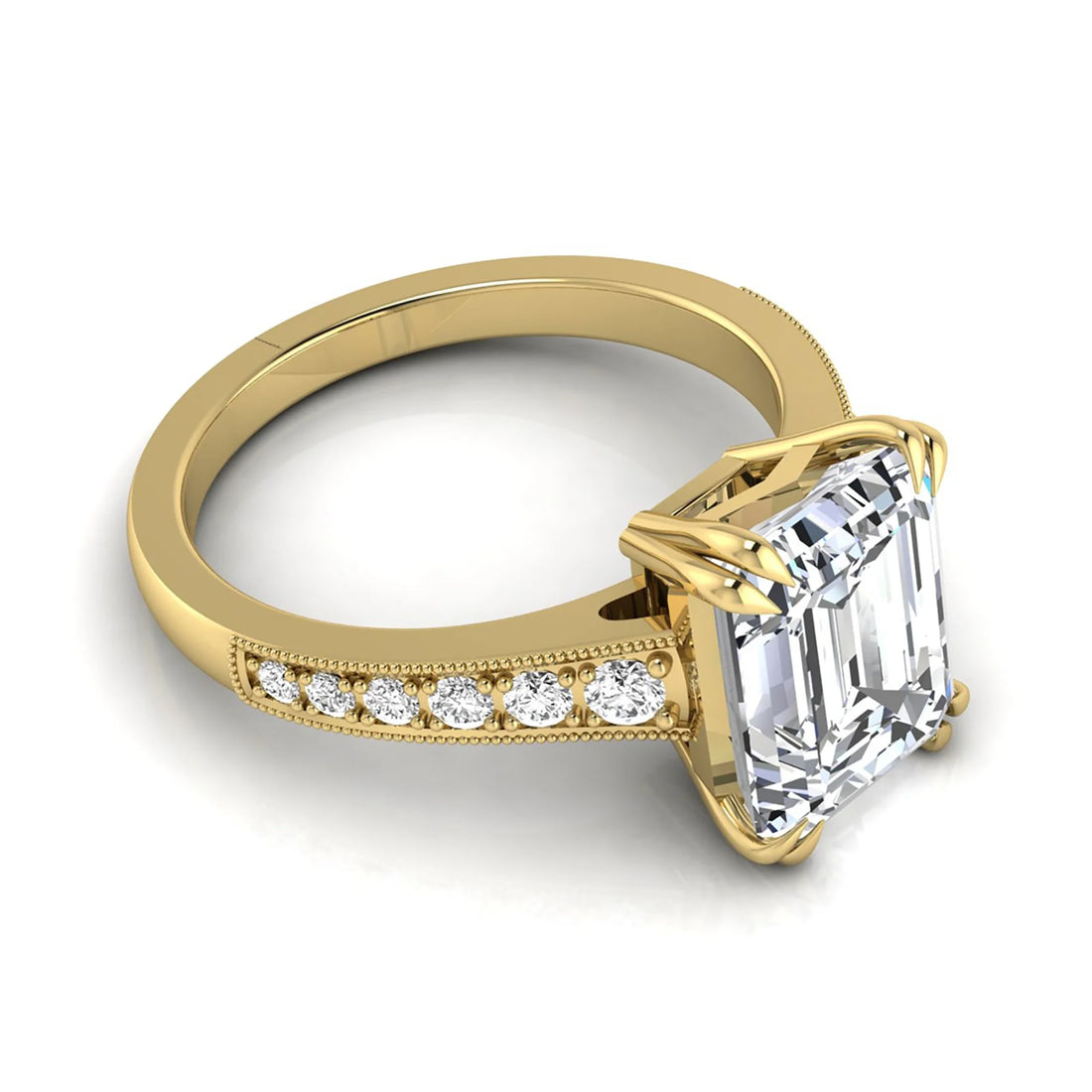 OctaPearl 4 ct Emerald Cut Lab Grown Diamond Milgrain Side Stone Engagement Ring