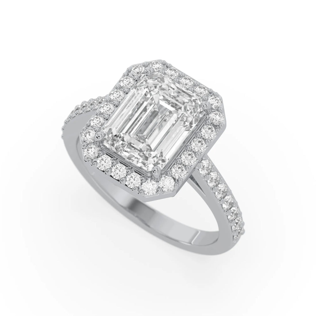 OctaPearl 3 ct Emerald Cut Halo Lab Grown Diamond Engagement Ring