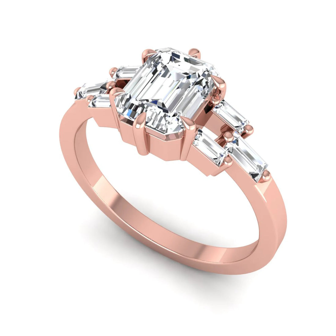 OctaPearl 1.5 ct Emerald Cut Lab Grown Diamond Three-Row Baguette Engagement Ring