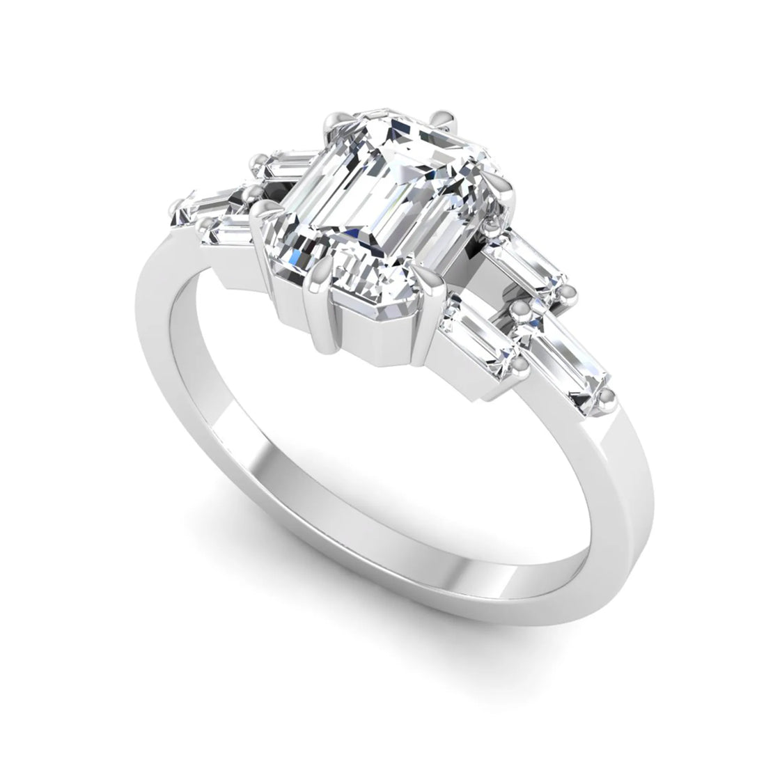 OctaPearl 1.5 ct Emerald Cut Lab Grown Diamond Three-Row Baguette Engagement Ring