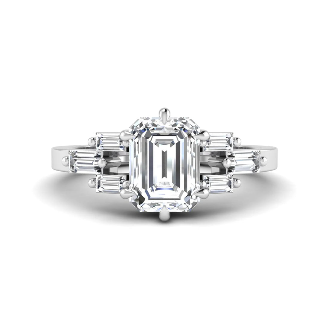 OctaPearl 1.5 ct Emerald Cut Lab Grown Diamond Three-Row Baguette Engagement Ring