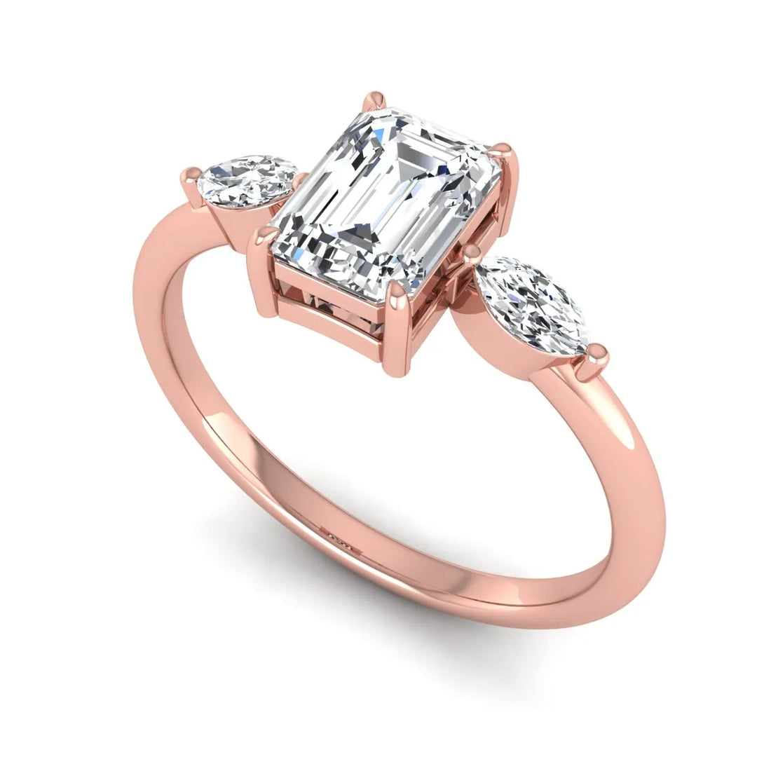 OctaPearl 1 ct Emerald Cut Three Stone Lab Grown Diamond Engagement Ring with Marquise Side Stones