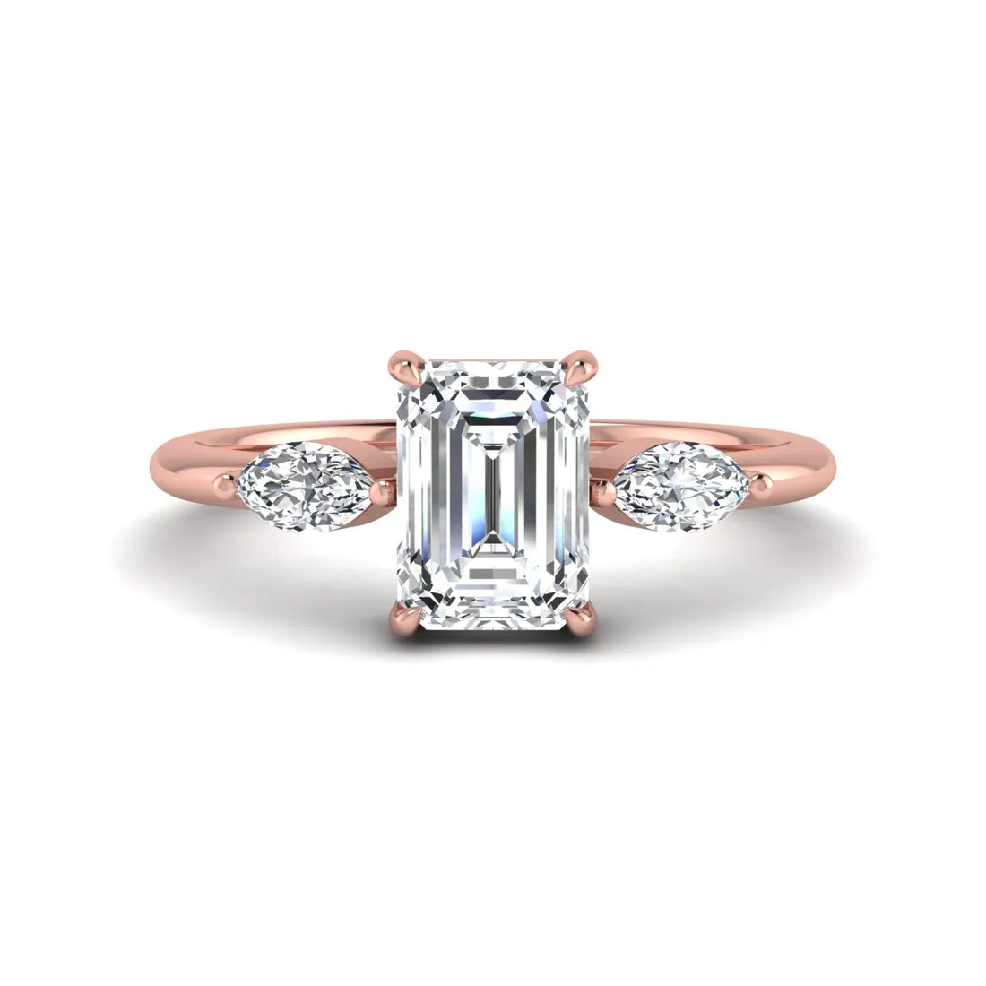 OctaPearl 1 ct Emerald Cut Three Stone Lab Grown Diamond Engagement Ring with Marquise Side Stones