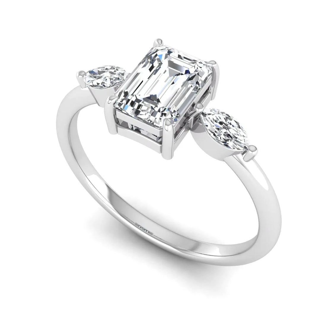 OctaPearl 1 ct Emerald Cut Three Stone Lab Grown Diamond Engagement Ring with Marquise Side Stones