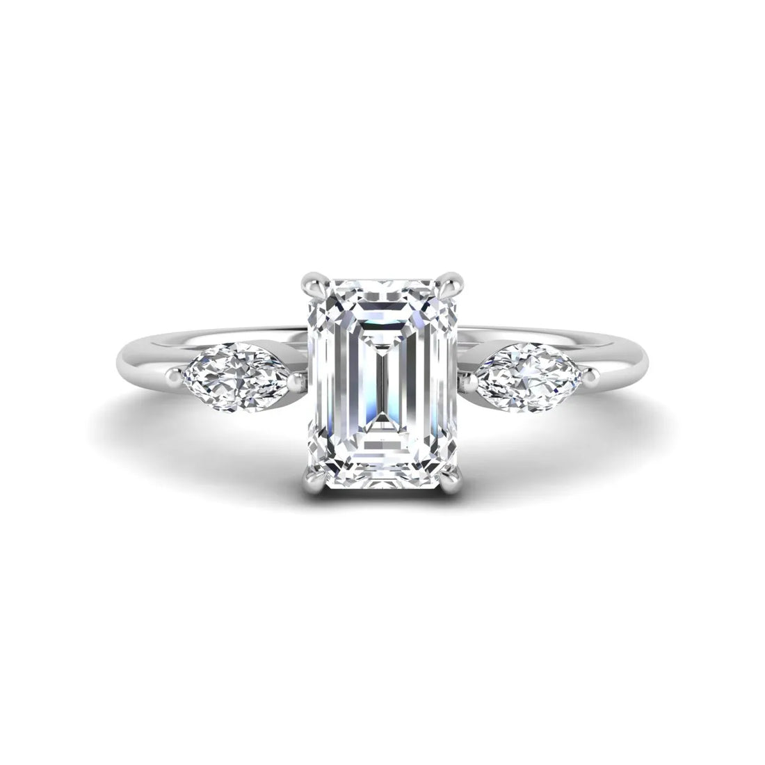 OctaPearl 1 ct Emerald Cut Three Stone Lab Grown Diamond Engagement Ring with Marquise Side Stones