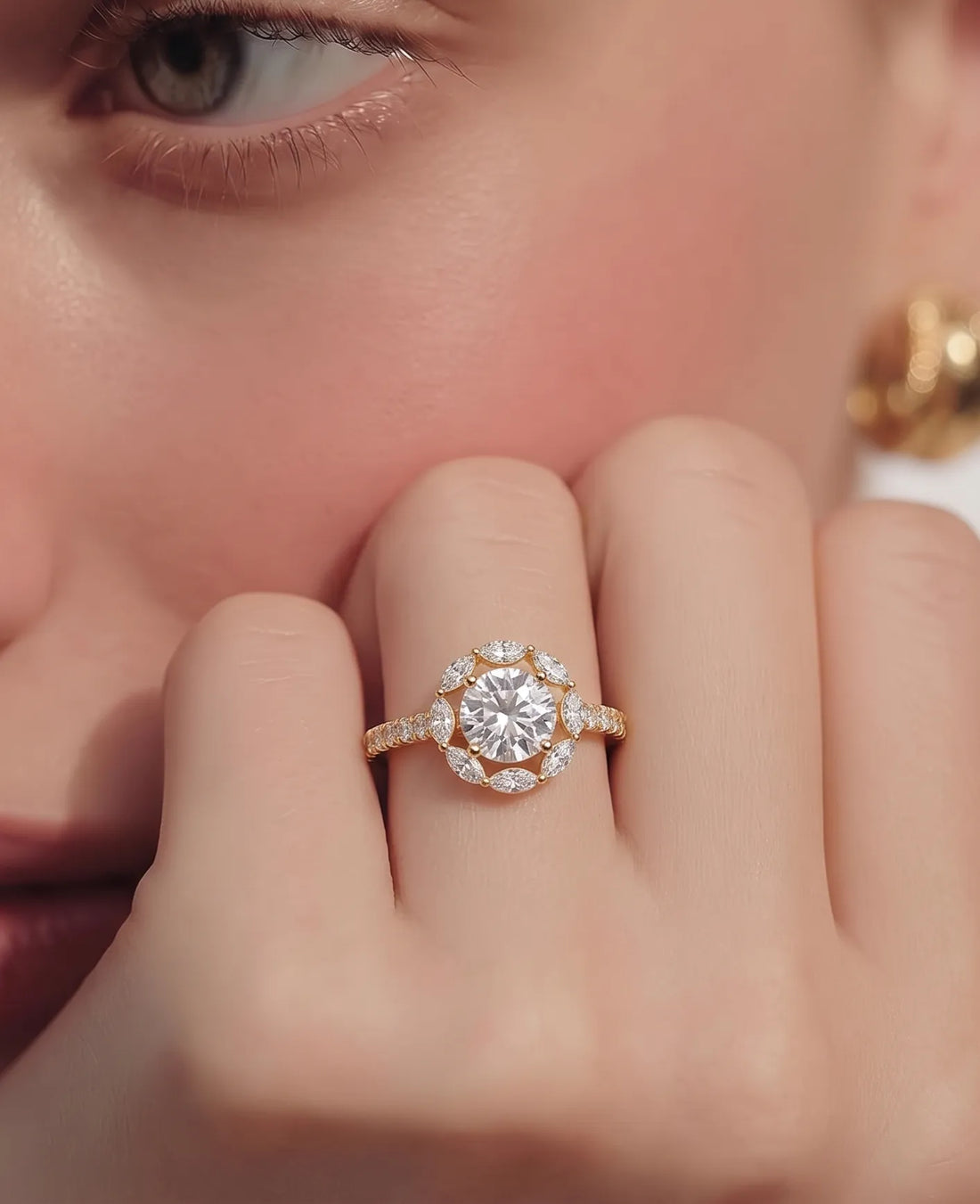OctaPearl 1 Round Lab Grown Diamond Floral Halo Pave Engagement Ring