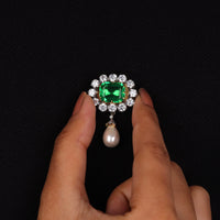 Green Emerald CZ Halo Brooch Pin with Pearl Drop | OctaPearl