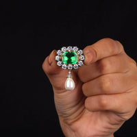 Green Emerald CZ Halo Brooch Pin with Pearl Drop | OctaPearl