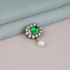 Green Emerald CZ Halo Brooch Pin with Pearl Drop | OctaPearl - alternate view