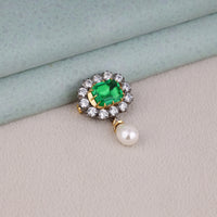 Green Emerald CZ Halo Brooch Pin with Pearl Drop | OctaPearl