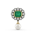 Green Emerald CZ Halo Brooch Pin with Pearl Drop | OctaPearl