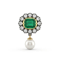 Green Emerald CZ Halo Brooch Pin with Pearl Drop | OctaPearl