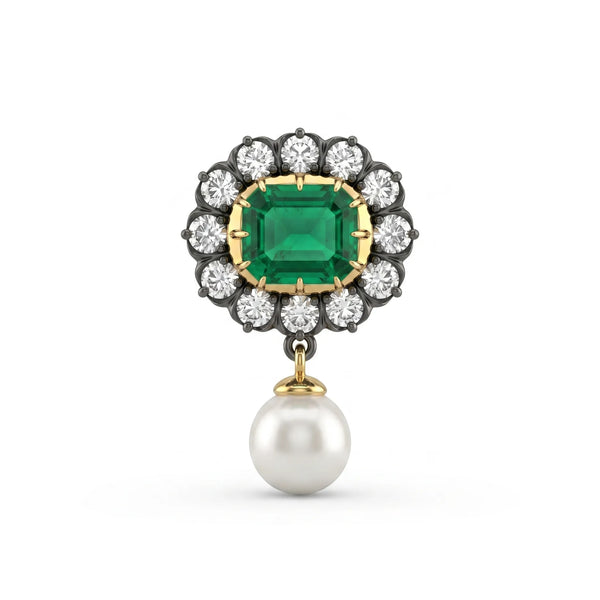 Green Emerald CZ Halo Brooch Pin with Pearl Drop | OctaPearl