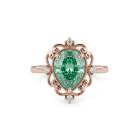 metalcolor:rose Green pear cut moissanite vintage engagement ring with decorative scrollwork accents and round accent stones