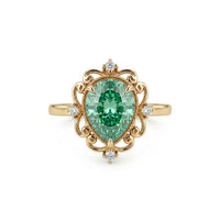 metalcolor:yellow Green pear cut moissanite vintage engagement ring with decorative scrollwork accents and round accent stones