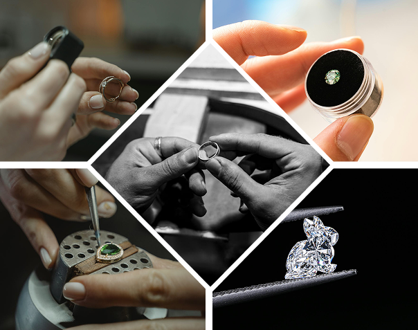 Collage of jewelry inspection and display, including close-ups of gemstones and hands with tools.