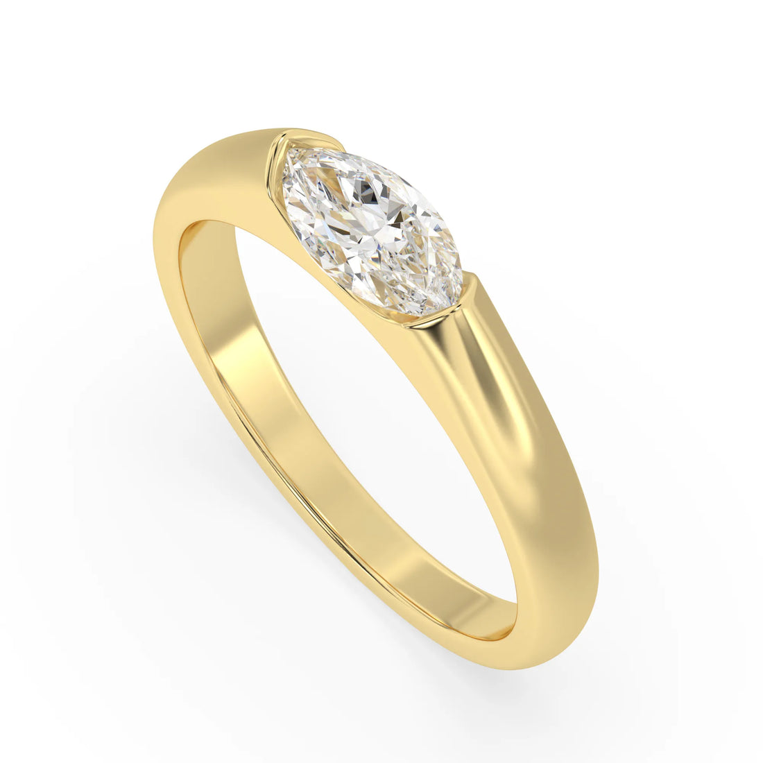 OctaPearl Half Bezel Set East West Marquise Lab Grown Diamond Solitaire Engagement Ring - Yellow Gold