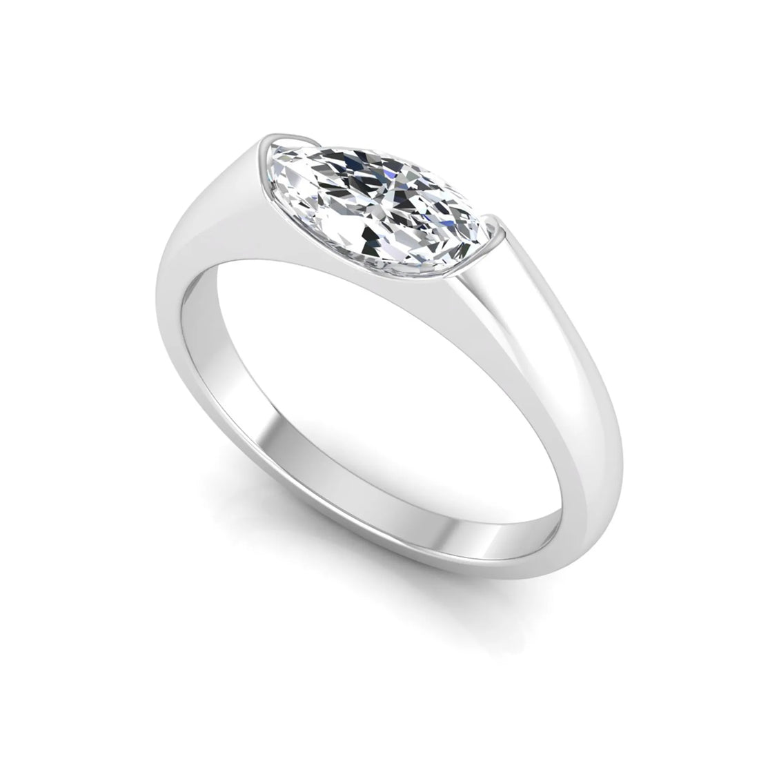 OctaPearl Half Bezel Set East West Marquise Lab Grown Diamond Solitaire Engagement Ring - White Gold