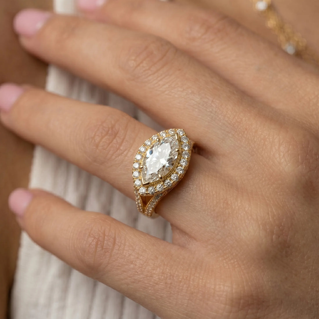 OctaPearl Marquise Halo Lab Grown Diamond Split Shank Pave Engagement Ring