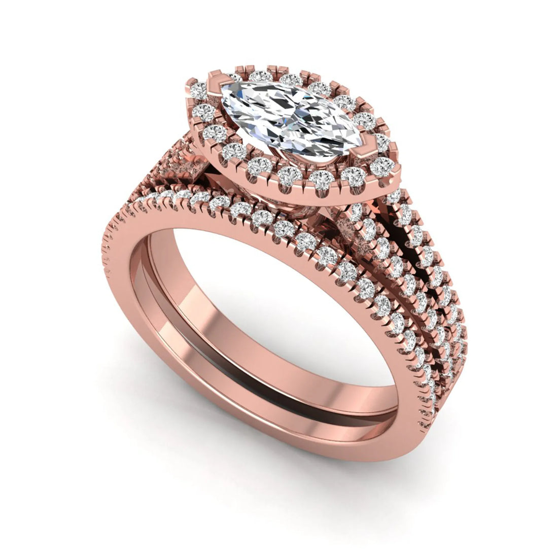 OctaPearl Marquise Cut Halo Split Shank Lab Grown Diamond Engagement Ring Set