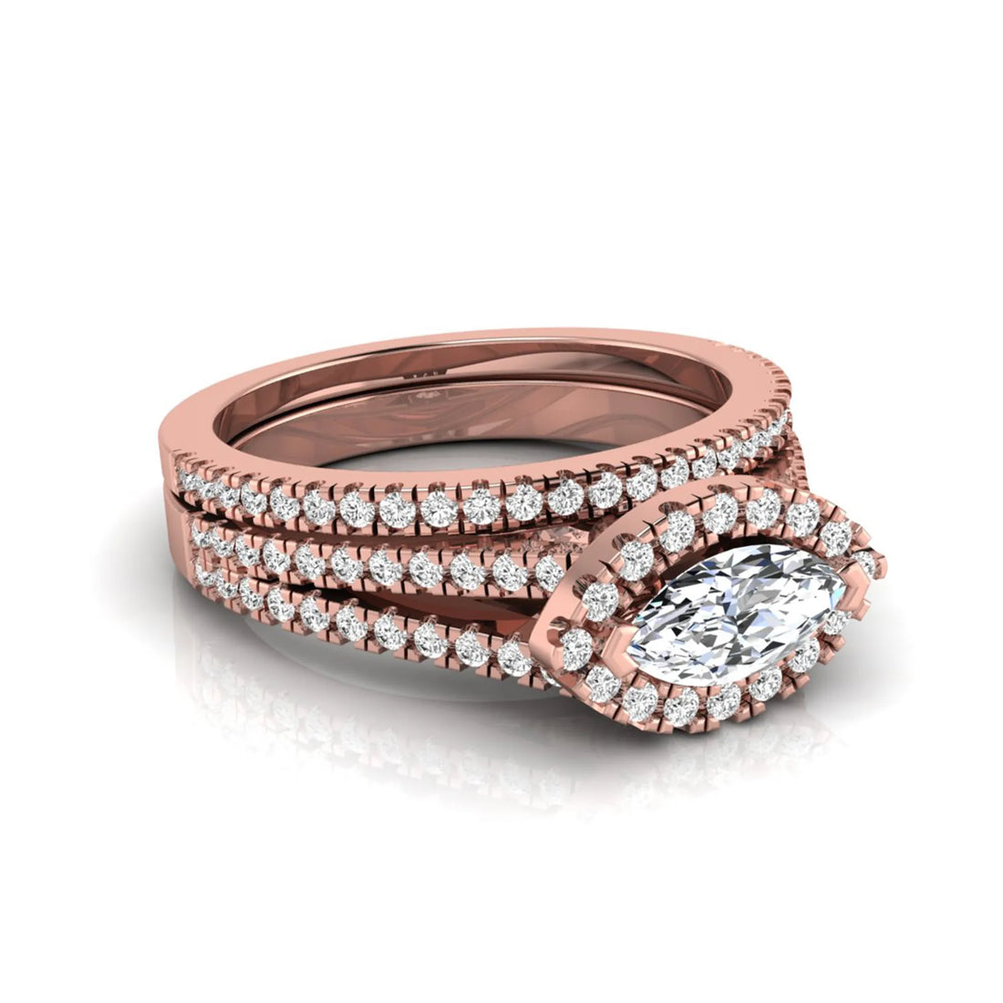 OctaPearl Marquise Cut Halo Split Shank Lab Grown Diamond Engagement Ring Set