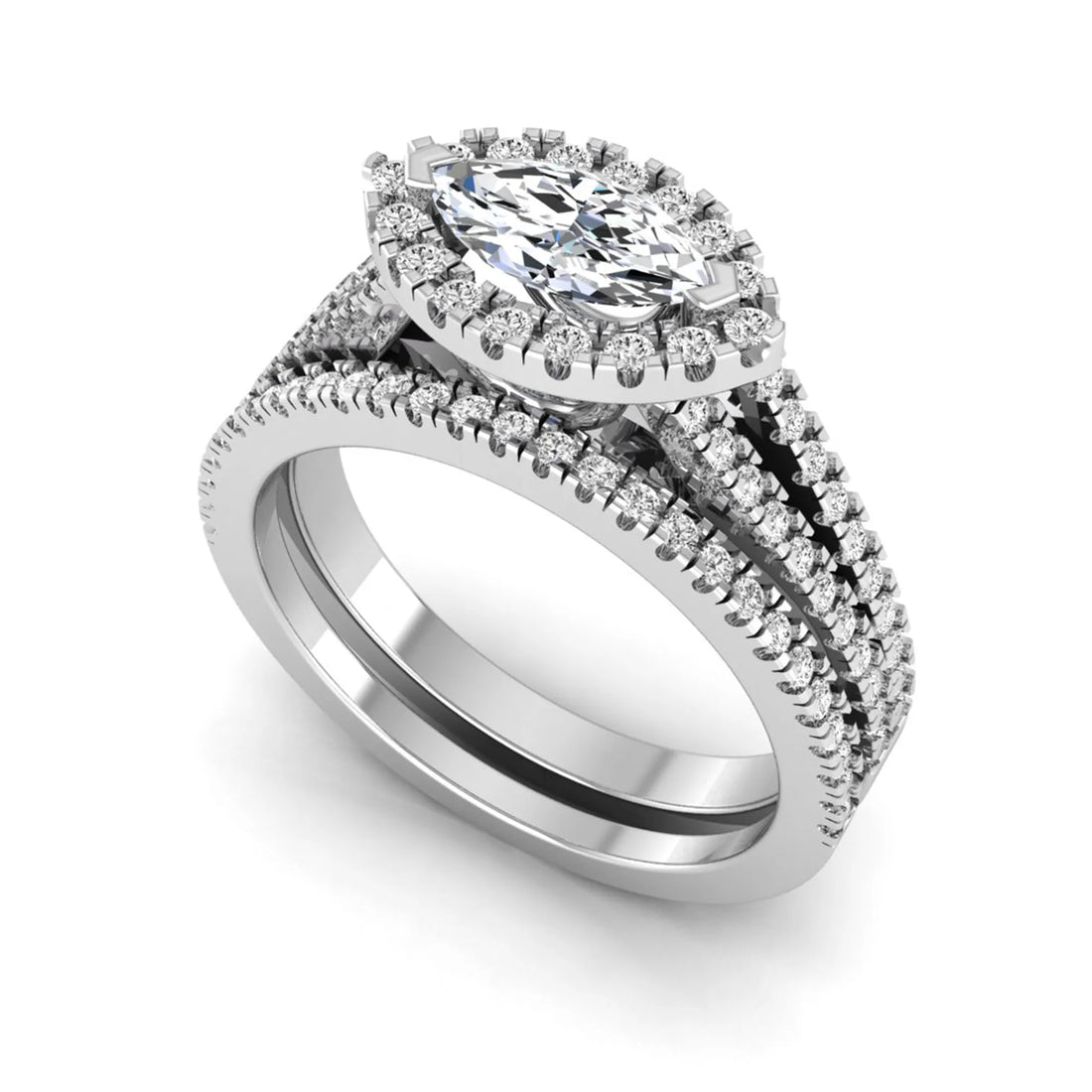 OctaPearl Marquise Cut Halo Split Shank Lab Grown Diamond Engagement Ring Set