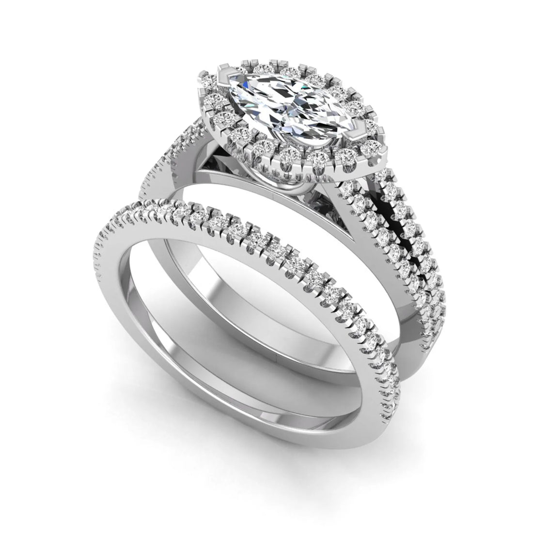 OctaPearl Marquise Cut Halo Split Shank Lab Grown Diamond Engagement Ring Set