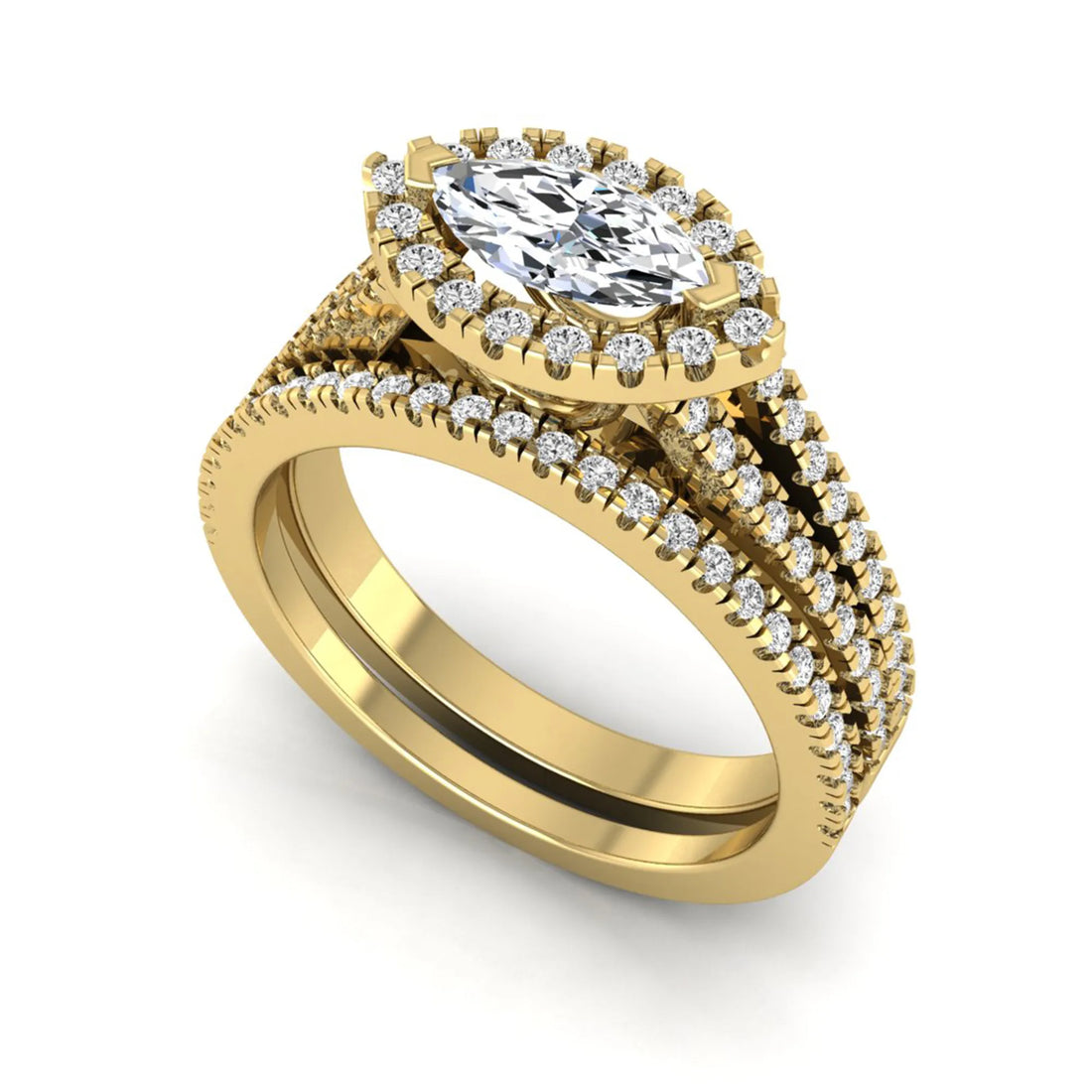 OctaPearl Marquise Cut Halo Split Shank Lab Grown Diamond Engagement Ring Set
