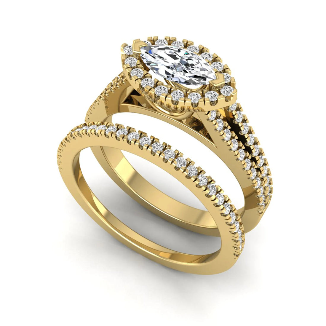 OctaPearl Marquise Cut Halo Split Shank Lab Grown Diamond Engagement Ring Set