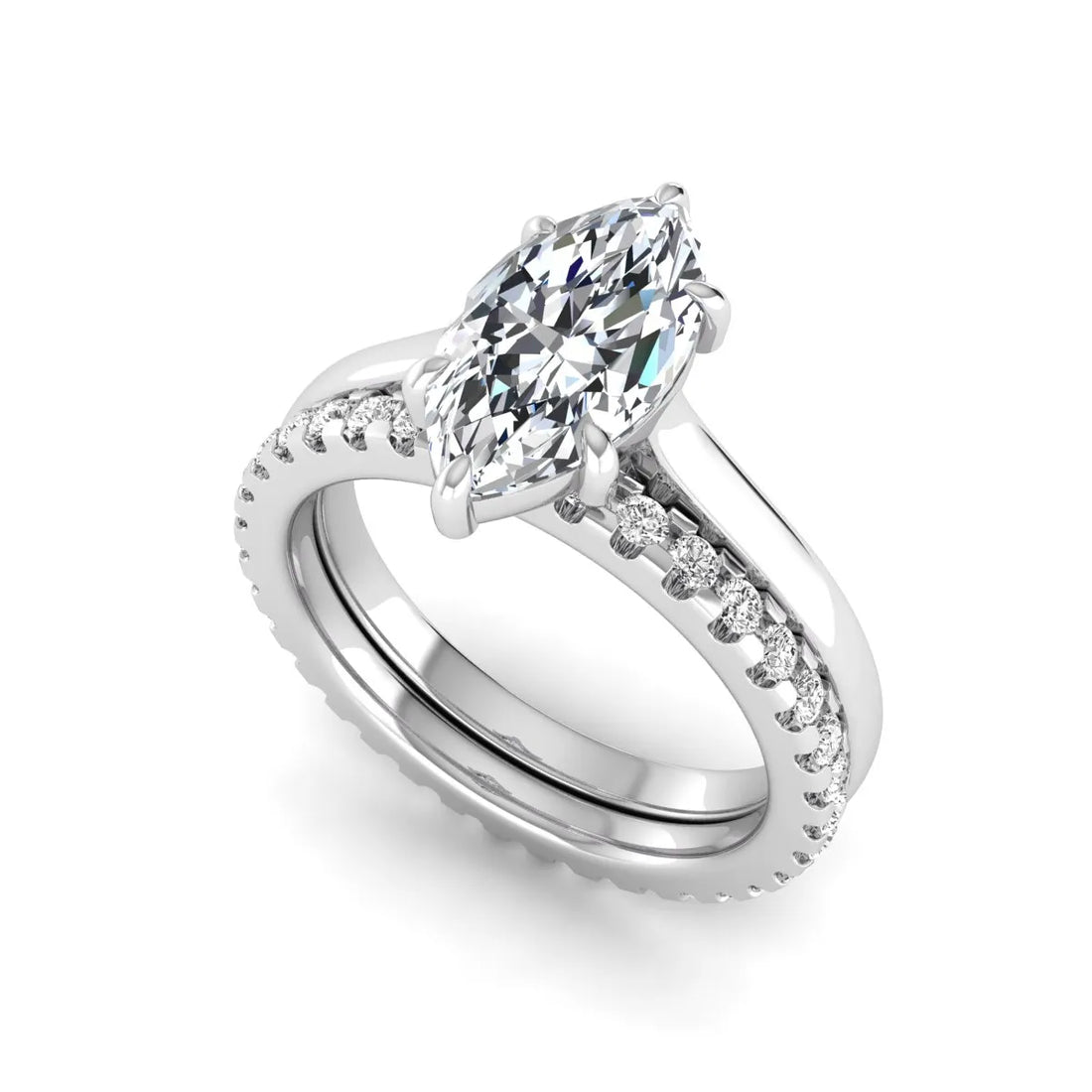 OctaPearl 1.5 ct Marquise Six Prong Lab Grown Diamond Bridal Ring Set with Eternity Band