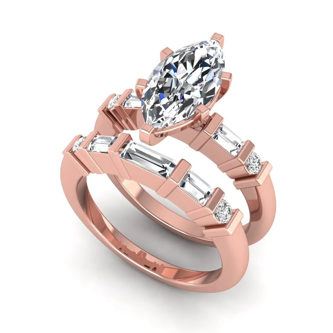 OctaPearl 1.5 ct Marquise Solitaire Lab Grown Diamond Baguette Bridal Ring Set
