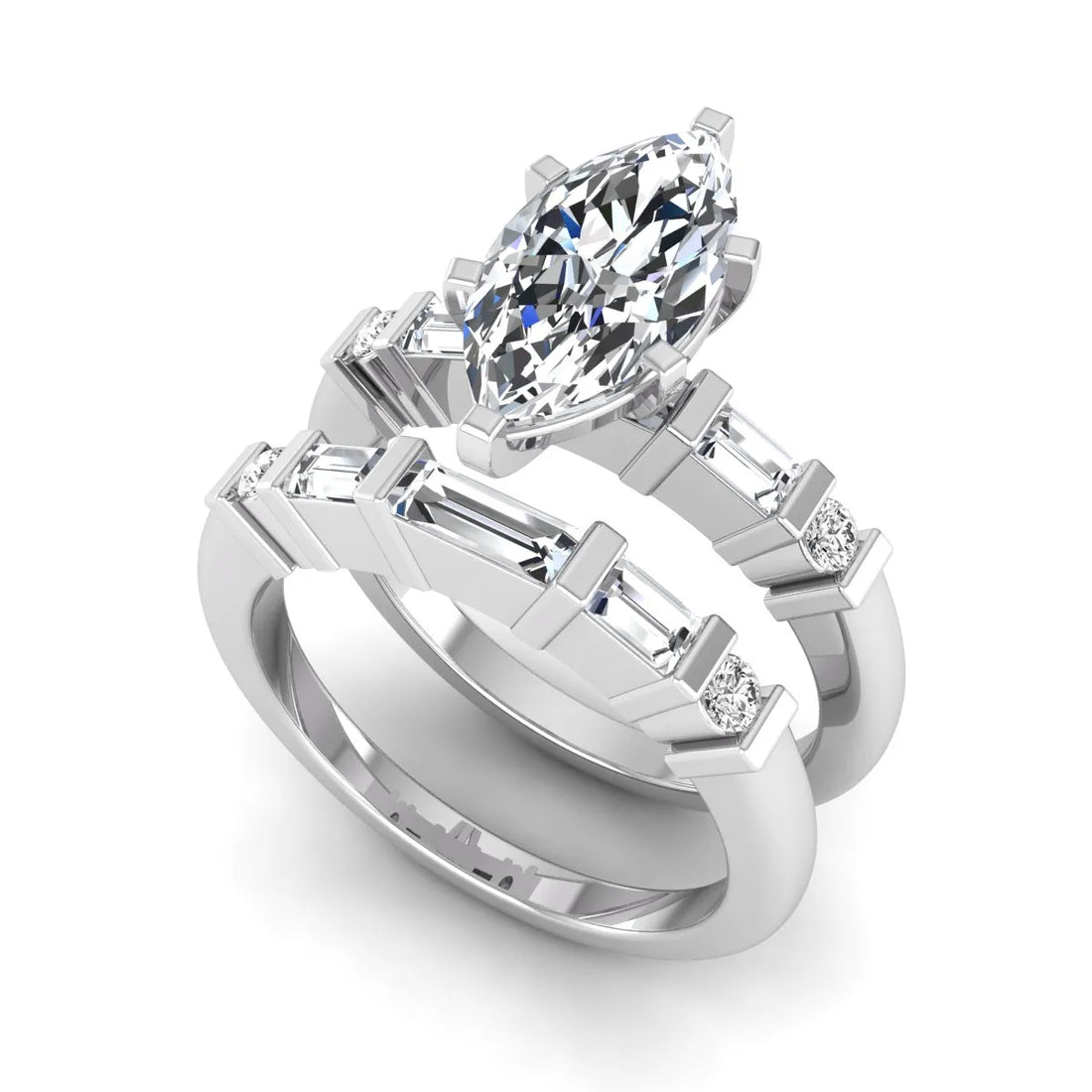 OctaPearl 1.5 ct Marquise Solitaire Lab Grown Diamond Baguette Bridal Ring Set