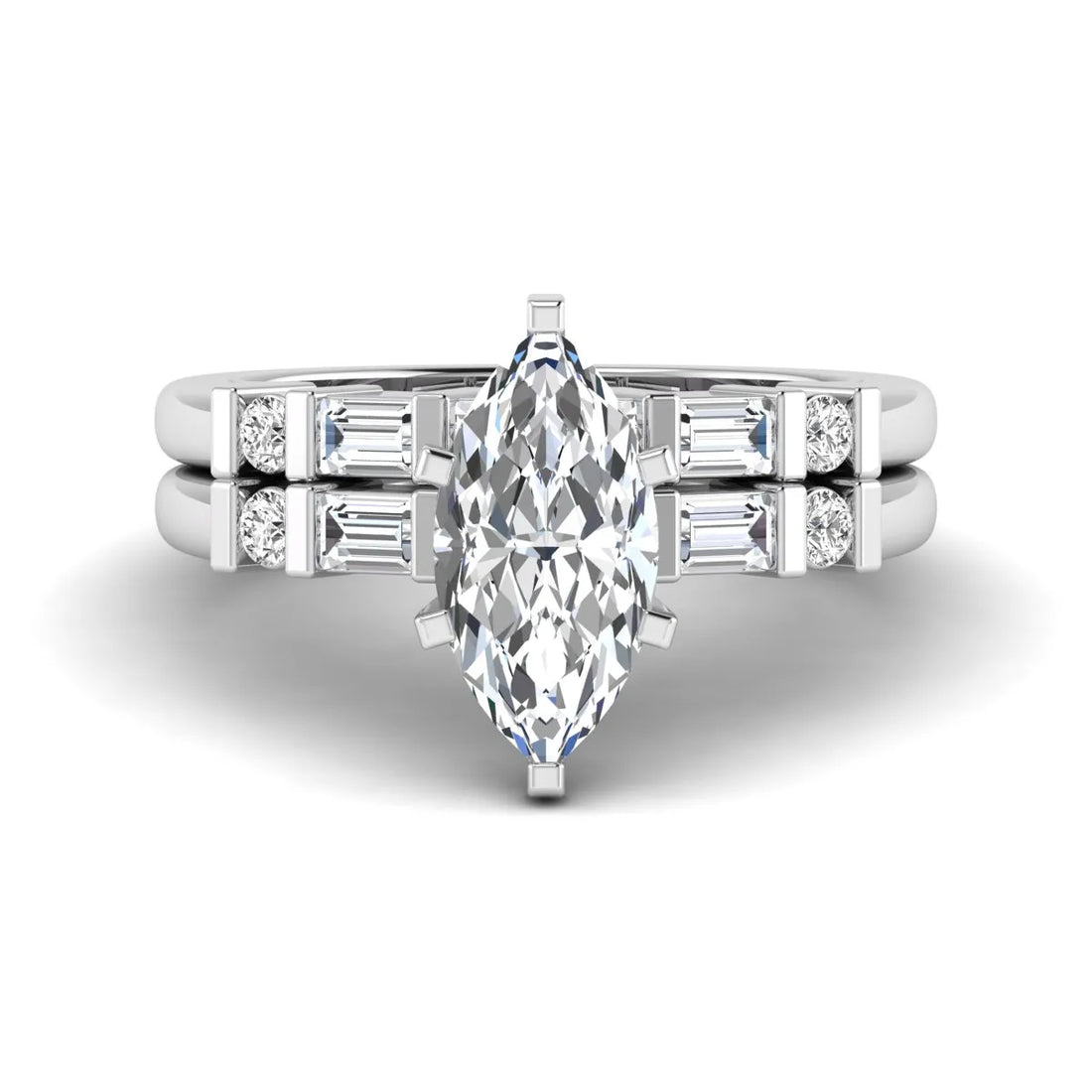 OctaPearl 1.5 ct Marquise Solitaire Lab Grown Diamond Baguette Bridal Ring Set