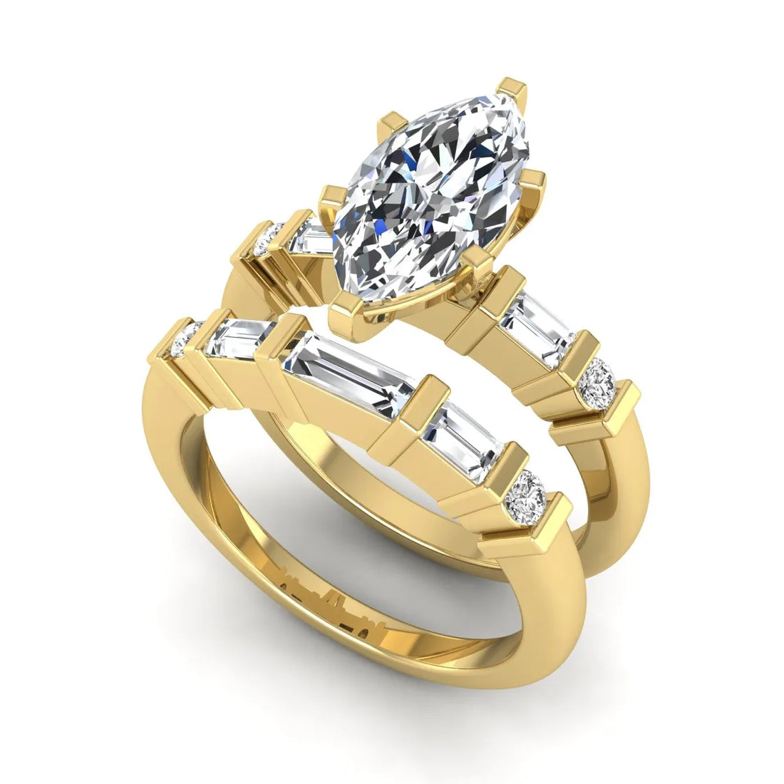 OctaPearl 1.5 ct Marquise Solitaire Lab Grown Diamond Baguette Bridal Ring Set