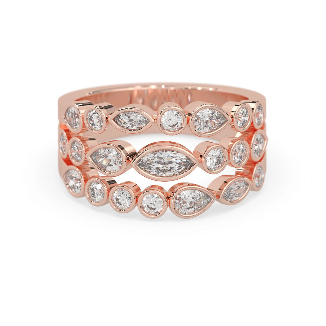 OctaPearl Multi Shape Bezel Set Three Row Lab Grown Diamond Statement Ring