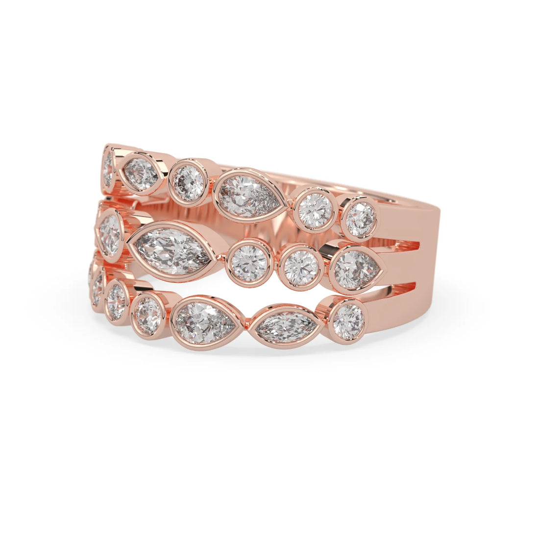 OctaPearl Multi Shape Bezel Set Three Row Lab Grown Diamond Statement Ring
