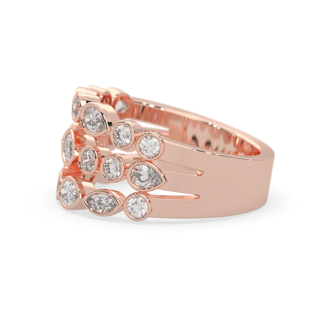 OctaPearl Multi Shape Bezel Set Three Row Lab Grown Diamond Statement Ring