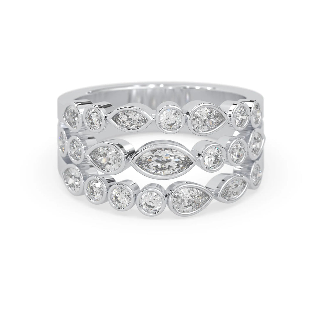 OctaPearl Multi Shape Bezel Set Three Row Lab Grown Diamond Statement Ring