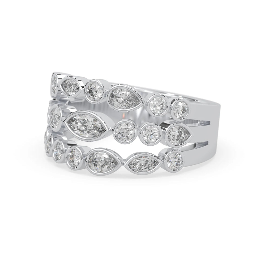 OctaPearl Multi Shape Bezel Set Three Row Lab Grown Diamond Statement Ring