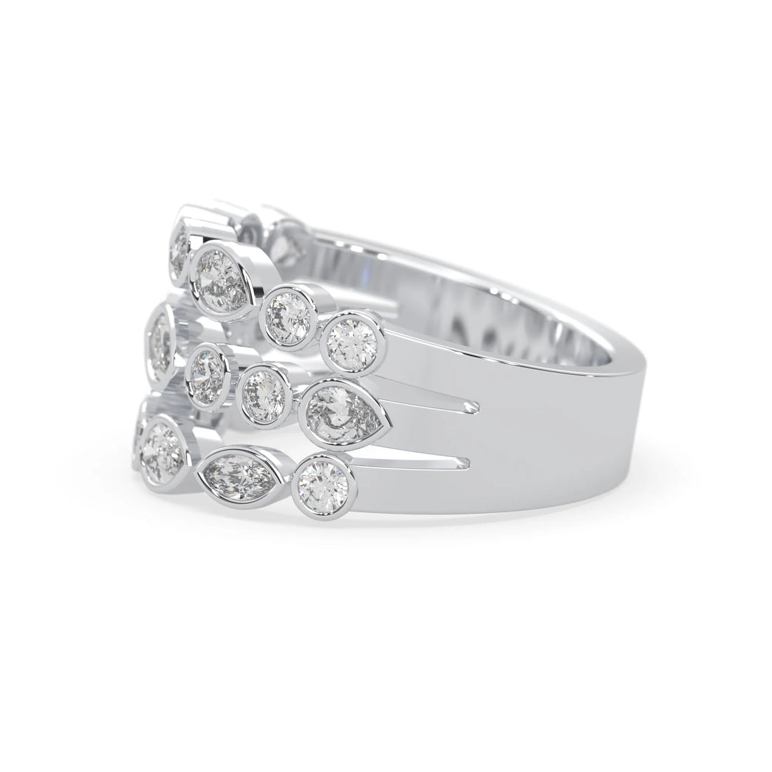 OctaPearl Multi Shape Bezel Set Three Row Lab Grown Diamond Statement Ring