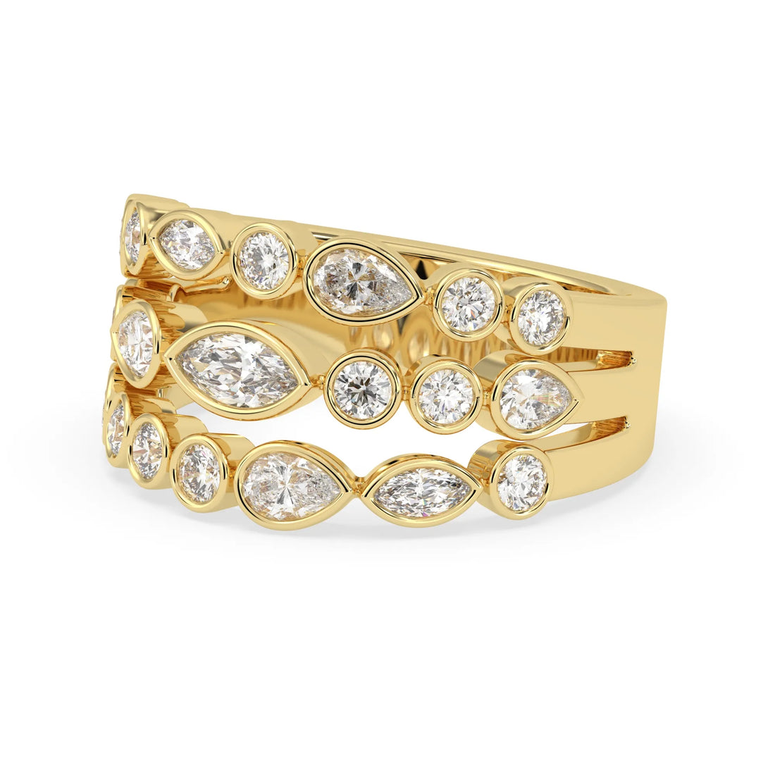 OctaPearl Multi Shape Bezel Set Three Row Lab Grown Diamond Statement Ring