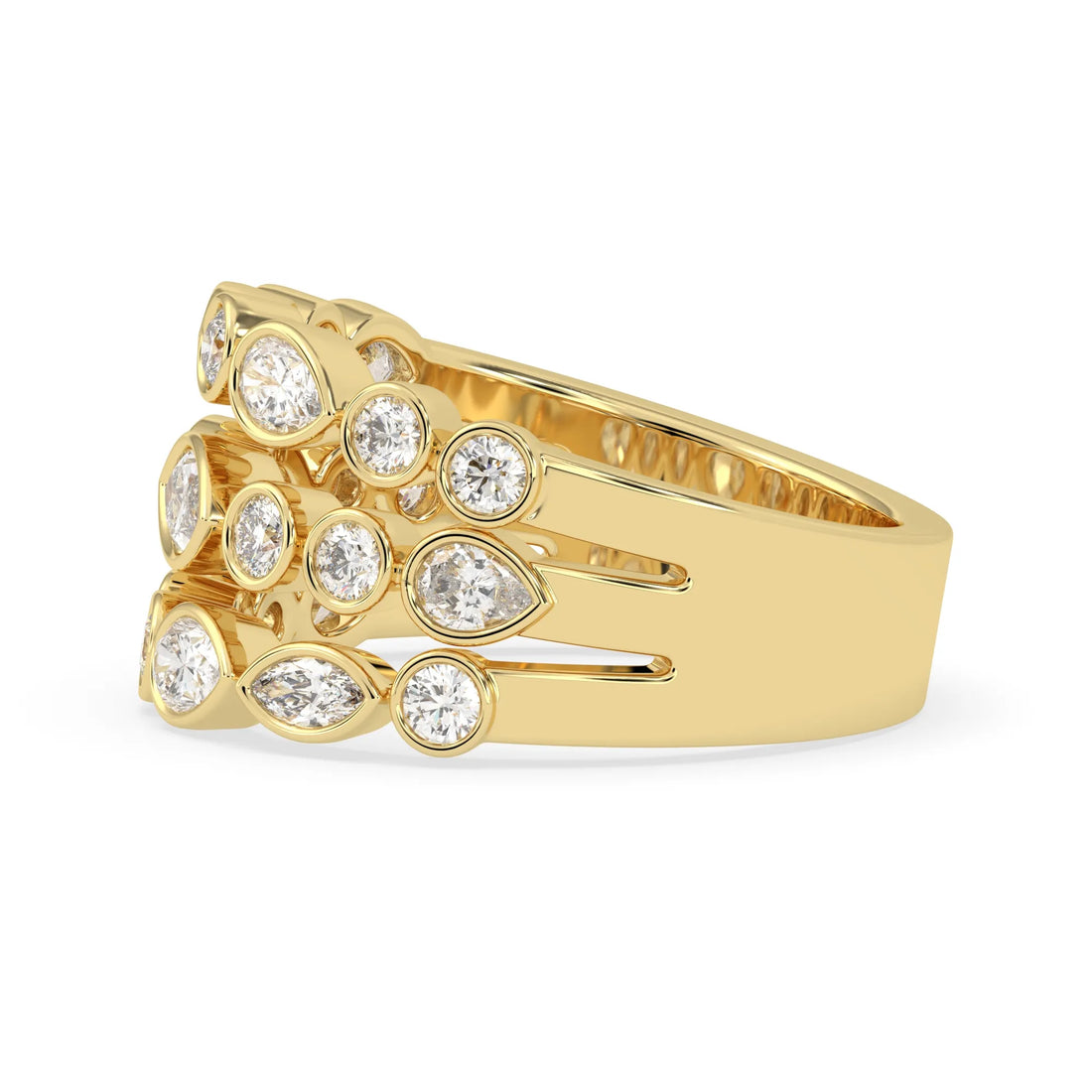 OctaPearl Multi Shape Bezel Set Three Row Lab Grown Diamond Statement Ring