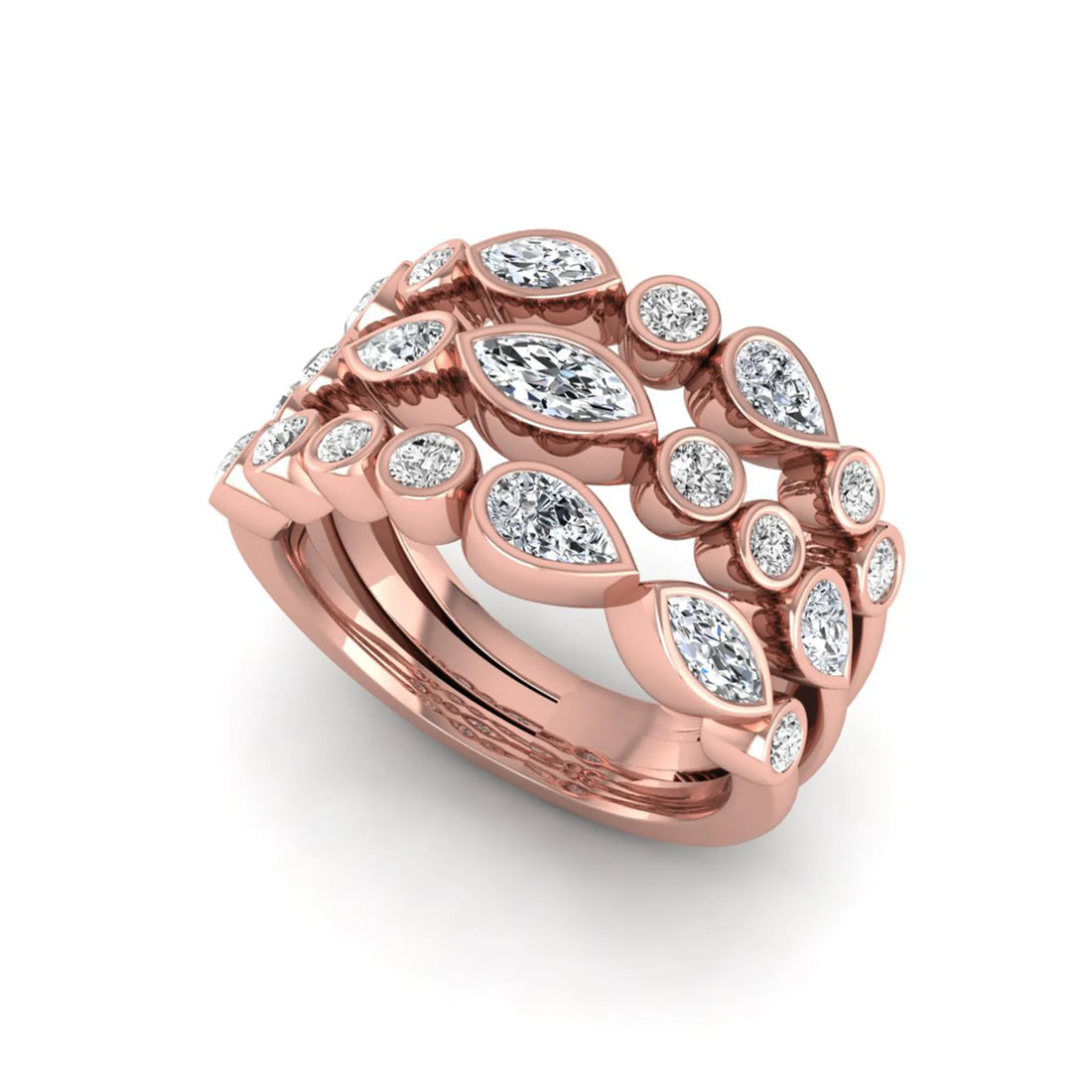 OctaPearl Multi Shape Bezel Set Lab Grown Diamond Three Row Engagement Ring