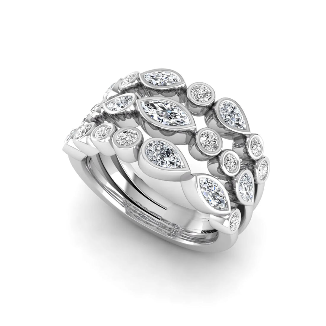 OctaPearl Multi Shape Bezel Set Lab Grown Diamond Three Row Engagement Ring