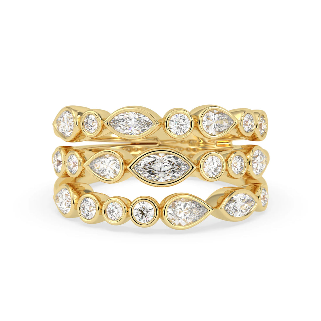 OctaPearl Multi Shape Bezel Set Lab Grown Diamond Three Row Engagement Ring