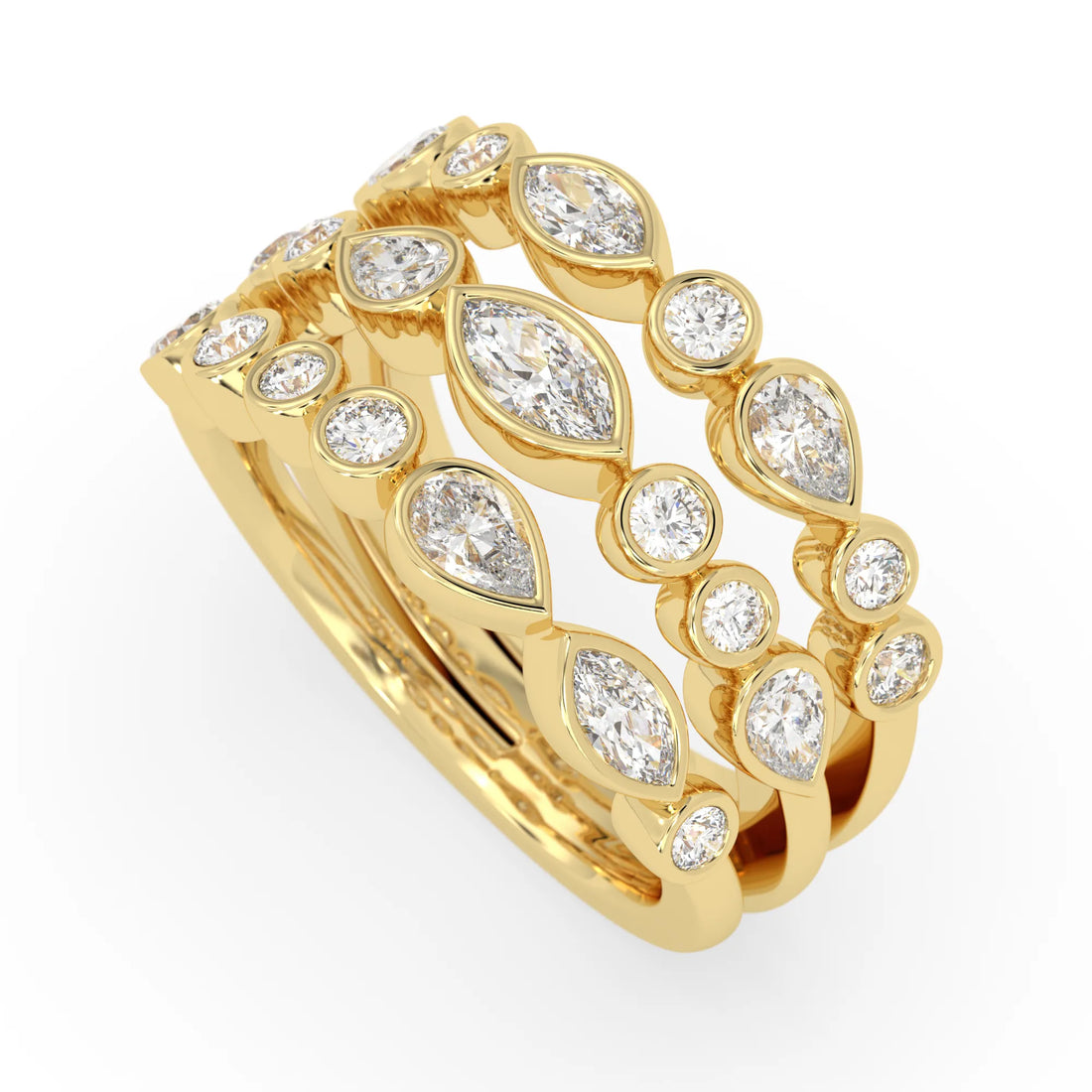 OctaPearl Multi Shape Bezel Set Lab Grown Diamond Three Row Engagement Ring