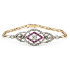 10K yellow and white gold floral bracelet with white Moissanite center stone and colorful CZ accents
