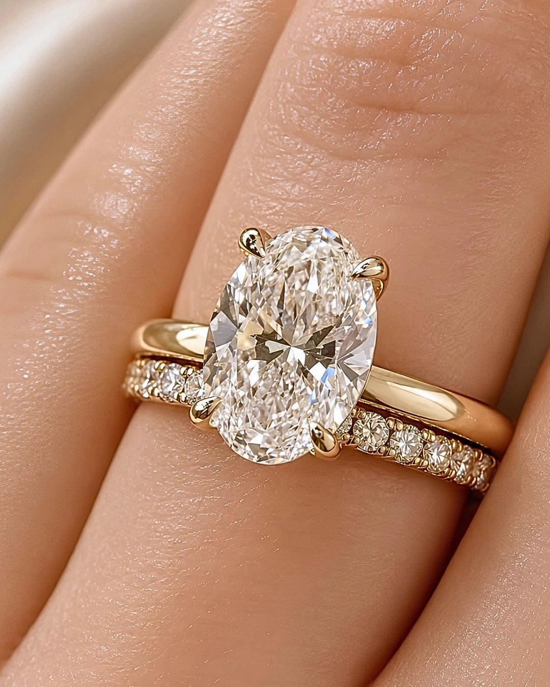 Lab-grown diamond bridal ring set worn on a hand